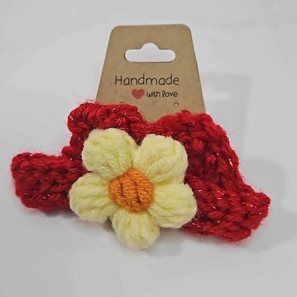 Hand Crafted Hand Knit Crochet Bow Hair Clip Red & Yellow puffy crocheted flower